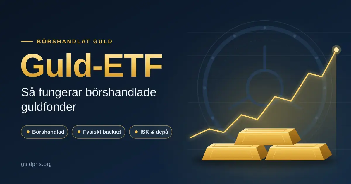 Grafisk illustration med rubriken ”Guld-ETF – så fungerar börshandlade guldfonder” bredvid staplade guldtackor framför en bankvalvsdörr och en stigande kurslinje som symboliserar guldpriset.