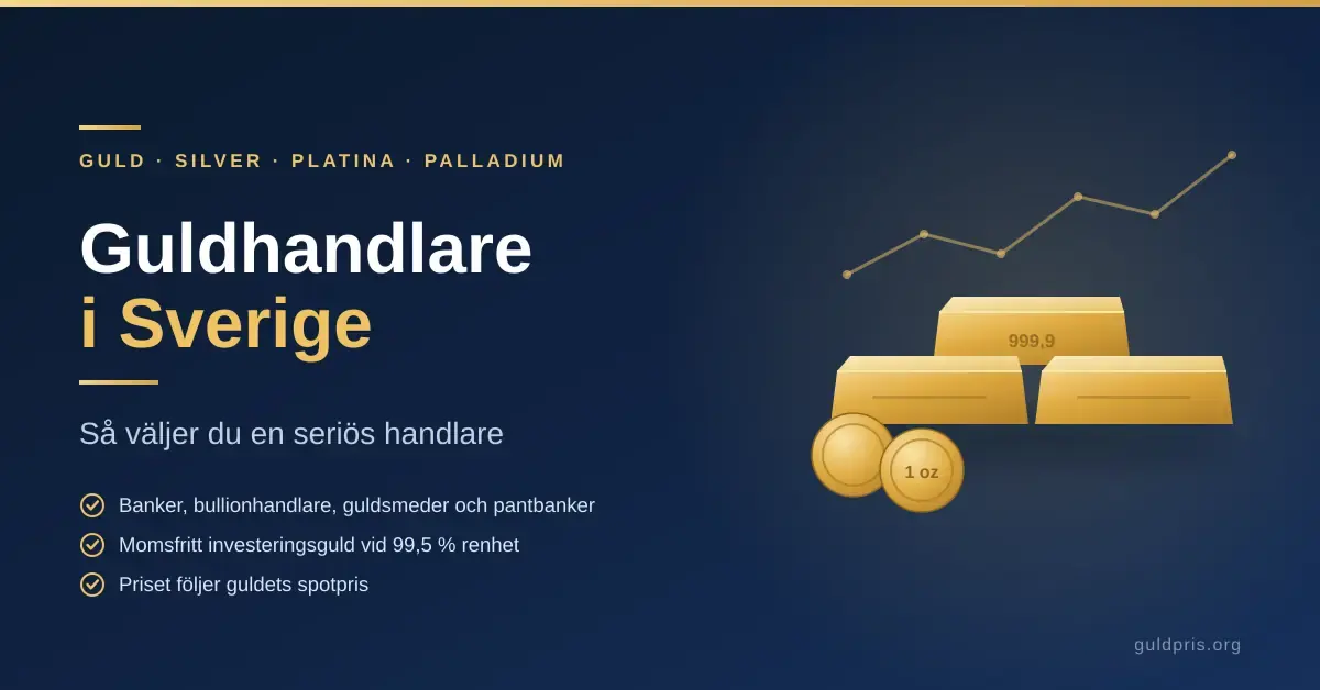Grafik med rubriken ”Guldhandlare i Sverige – så väljer du en seriös handlare” bredvid staplade guldtackor, guldmynt och en stigande prisgraf mot mörkblå bakgrund.