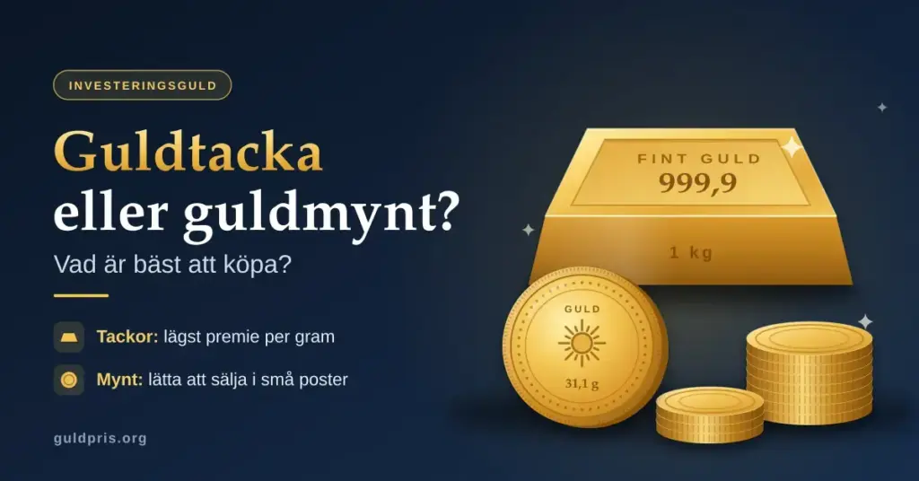 Illustration av en guldtacka märkt 999,9 bredvid guldmynt och myntstaplar på mörkblå bakgrund, med rubriken ”Guldtacka eller guldmynt? Vad är bäst att köpa?”.