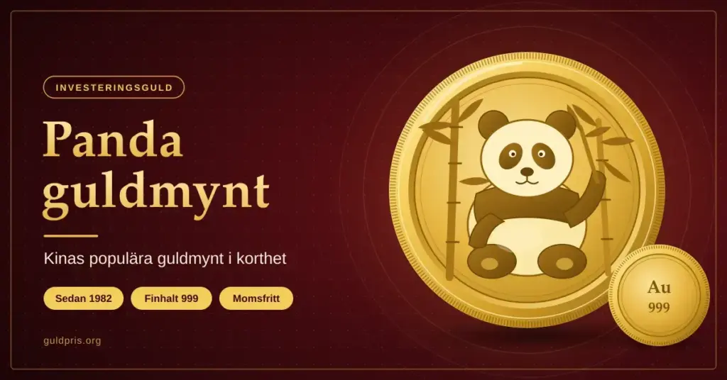 Illustration av ett panda guldmynt med en jättepanda och bambu på en mörkröd bakgrund, bredvid rubriken "Panda guldmynt – Kinas populära guldmynt i korthet" och fakta som sedan 1982, finhalt 999 och momsfritt.