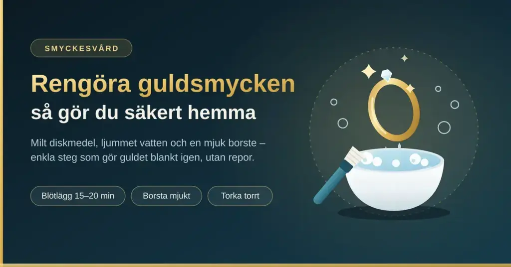 Guldring med ädelsten lyfts ur en skål med ljummet såpvatten bredvid en mjuk borste, intill rubriken "Rengöra guldsmycken – så gör du säkert hemma".