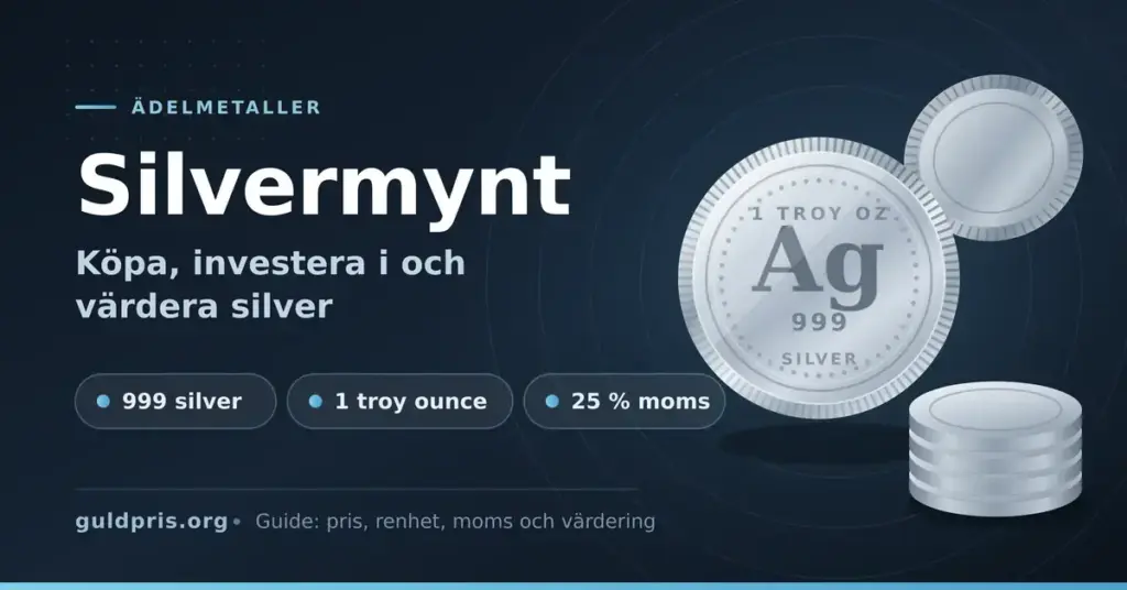 Grafisk illustration med rubriken "Silvermynt – köpa, investera i och värdera silver" bredvid blanka silvermynt märkta Ag 999 och 1 troy oz, samt punkterna 999 silver, 1 troy ounce och 25 % moms.