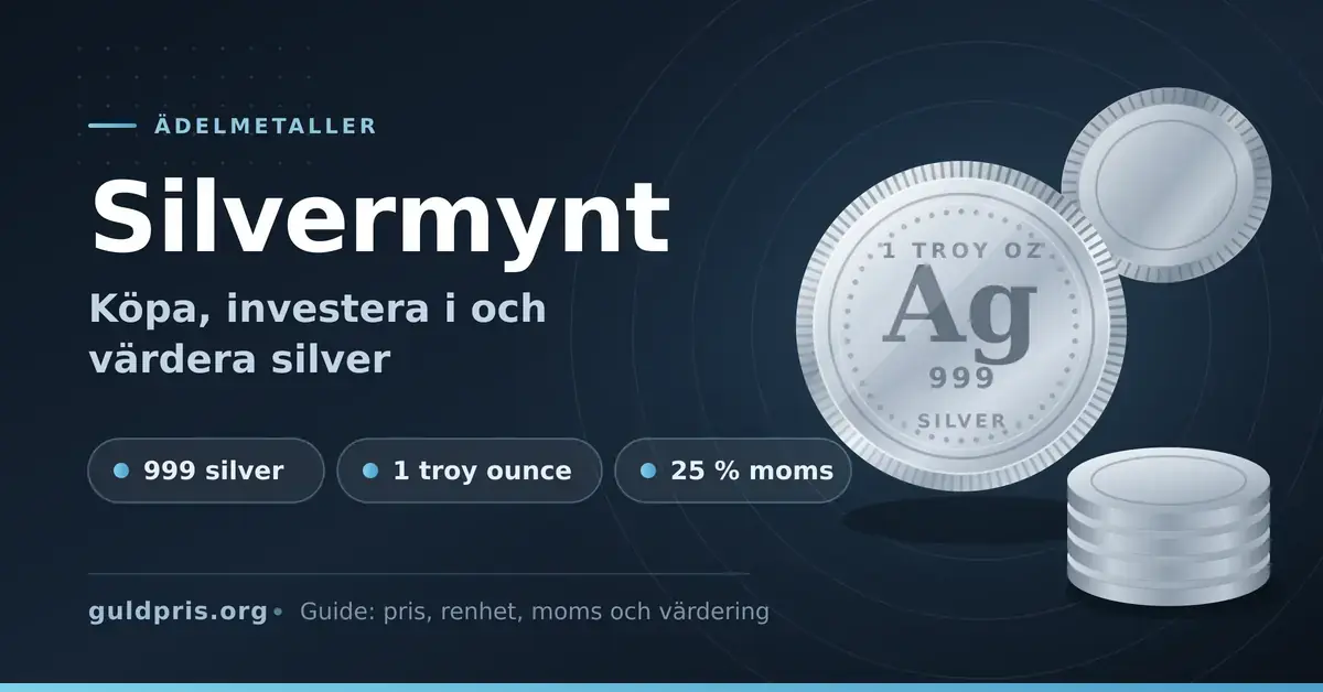 Grafisk illustration med rubriken "Silvermynt – köpa, investera i och värdera silver" bredvid blanka silvermynt märkta Ag 999 och 1 troy oz, samt punkterna 999 silver, 1 troy ounce och 25 % moms.