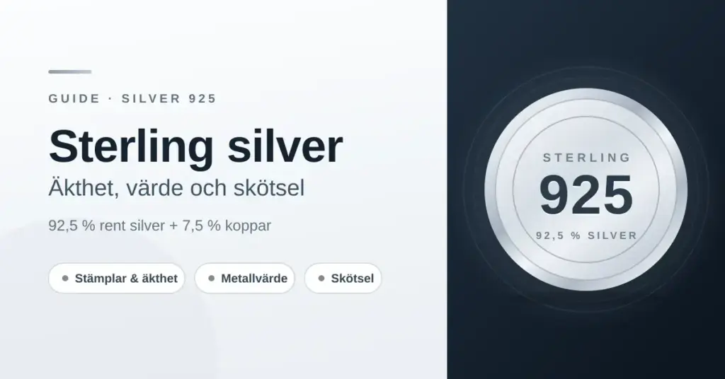 Grafik med rubriken "Sterling silver – äkthet, värde och skötsel" bredvid en blank silverbricka stämplad 925 och texten 92,5 % silver.