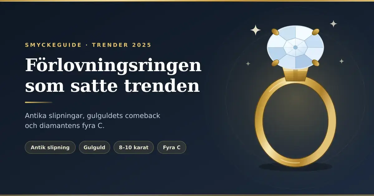 Illustration av en förlovningsring i gulguld med en stor antikslipad diamant i cushionform mot mörkblå bakgrund, med texten ”Förlovningsringen som satte trenden”.