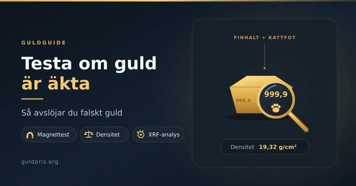 Guldtacka med stämpeln 999,9 granskad under ett förstoringsglas, intill texten "Testa om guld är äkta" och testmetoderna magnet, densitet och XRF-analys.