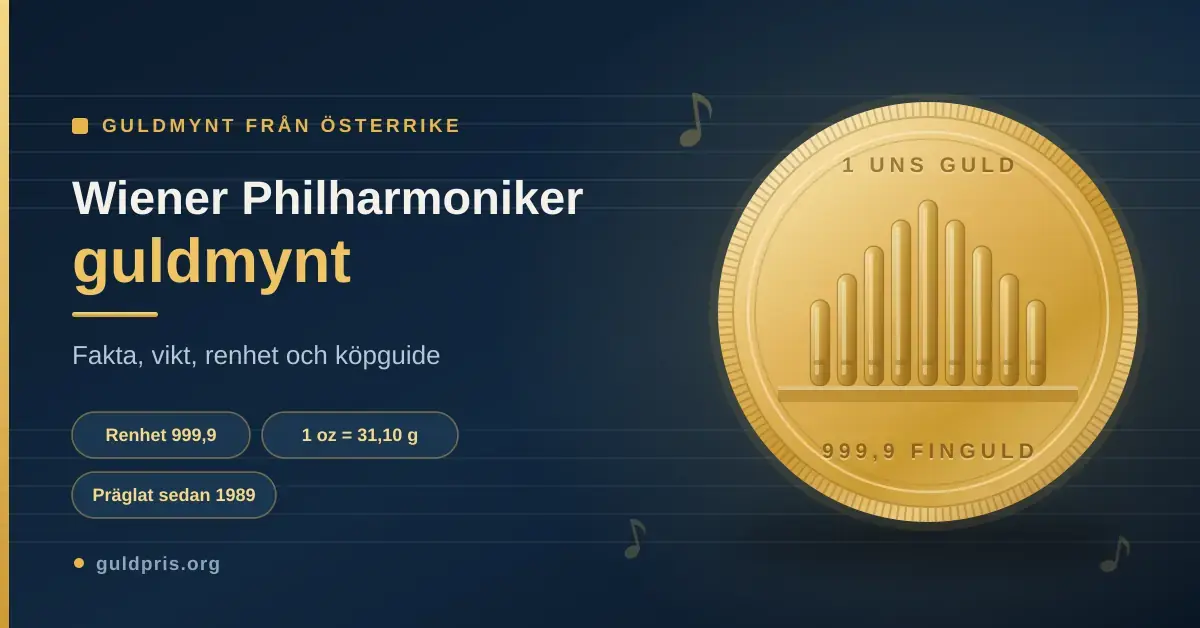 Guldmynt Wiener Philharmoniker i guld med orgelpipor som motiv, bredvid text om renhet 999,9, vikt 1 oz och att myntet präglats sedan 1989.
